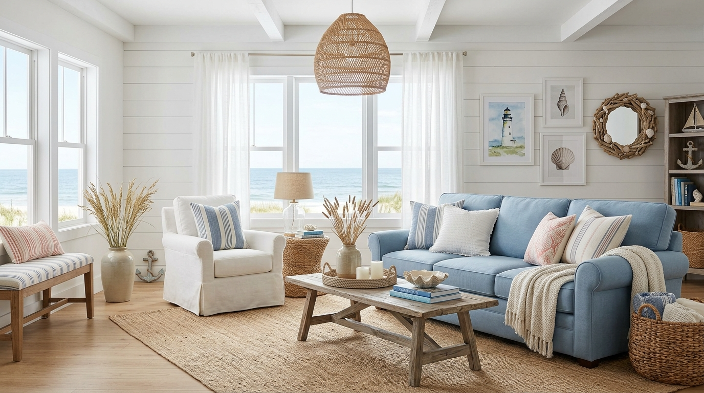 Add soft blues and sea-glass greens as accents